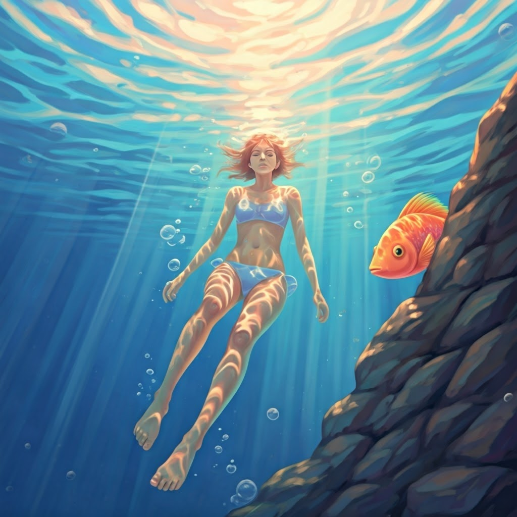 Swimmer and fish in pool show buoyant force and light patterns.