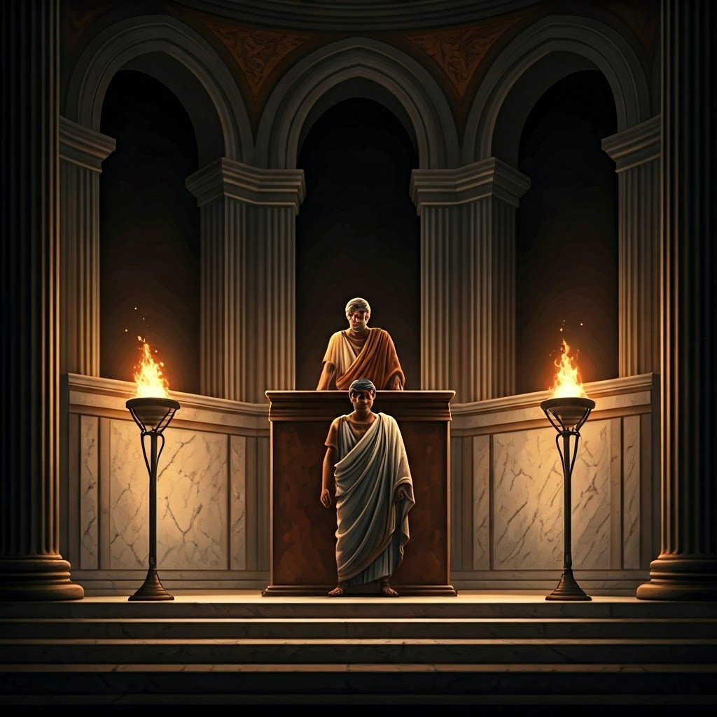 Citizen and patron stand before a torch-lit marble courtroom