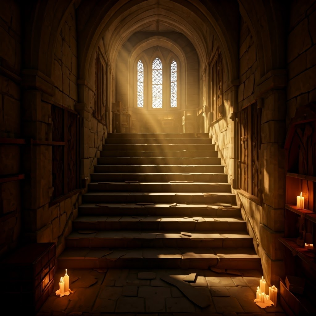 Stone staircase in a medieval monastery lit by warm candlelight, leading to shelves of ancient scrolls and manuscripts.