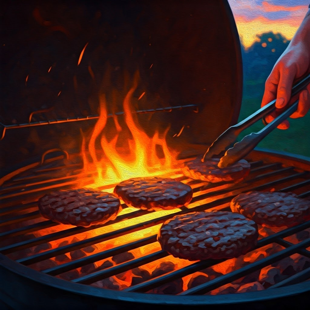 Backyard grill glowing with visible heat waves over burger patties