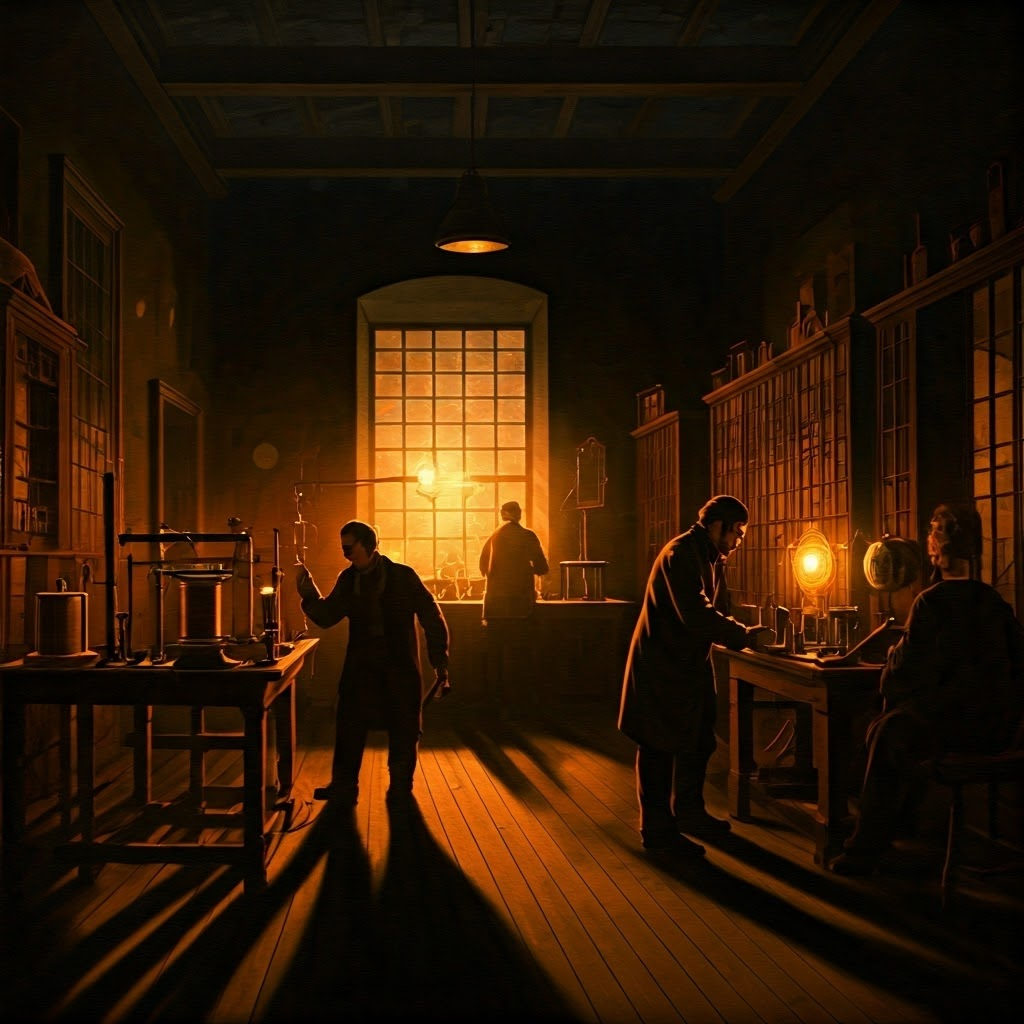 Gas-lit 19th-century laboratory where scientists probe early electrical devices amid dramatic shadows.
