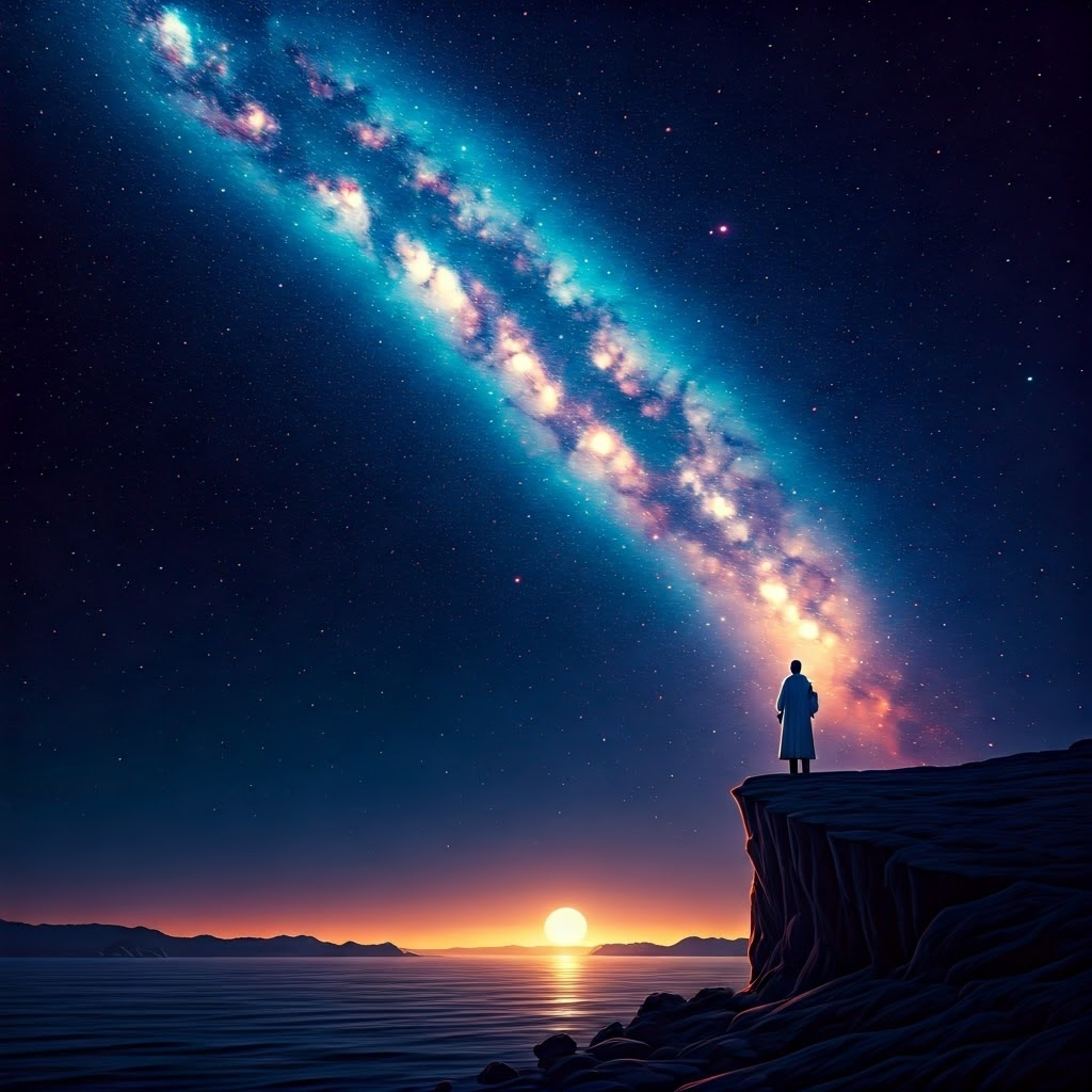 A lone scientist watches a starry sky filled with swirling fractal patterns and neon hues.