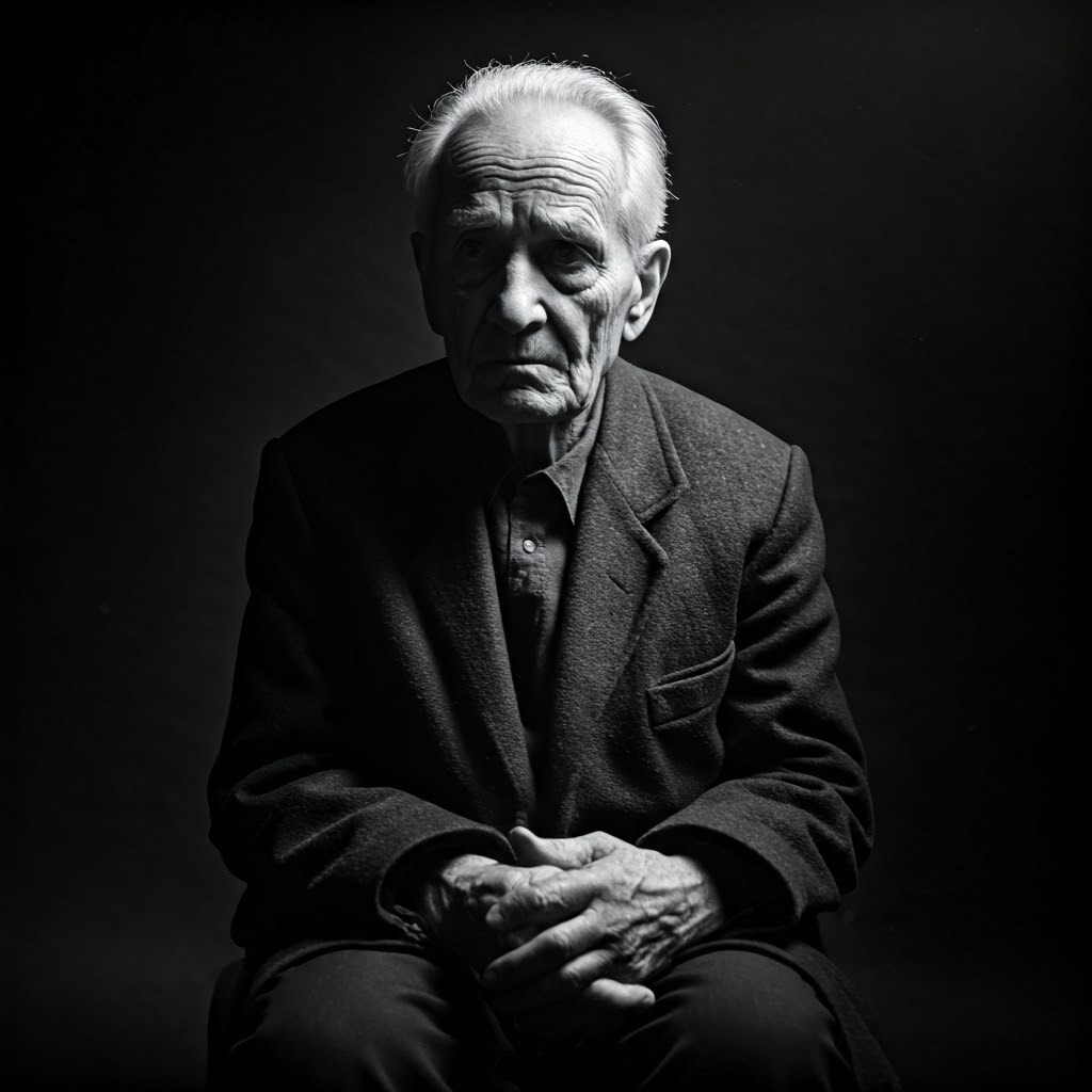 Black-and-white documentary photo of an elderly survivor in half-shadow, distant gaze and clasped hands highlighting the weight of remembrance.