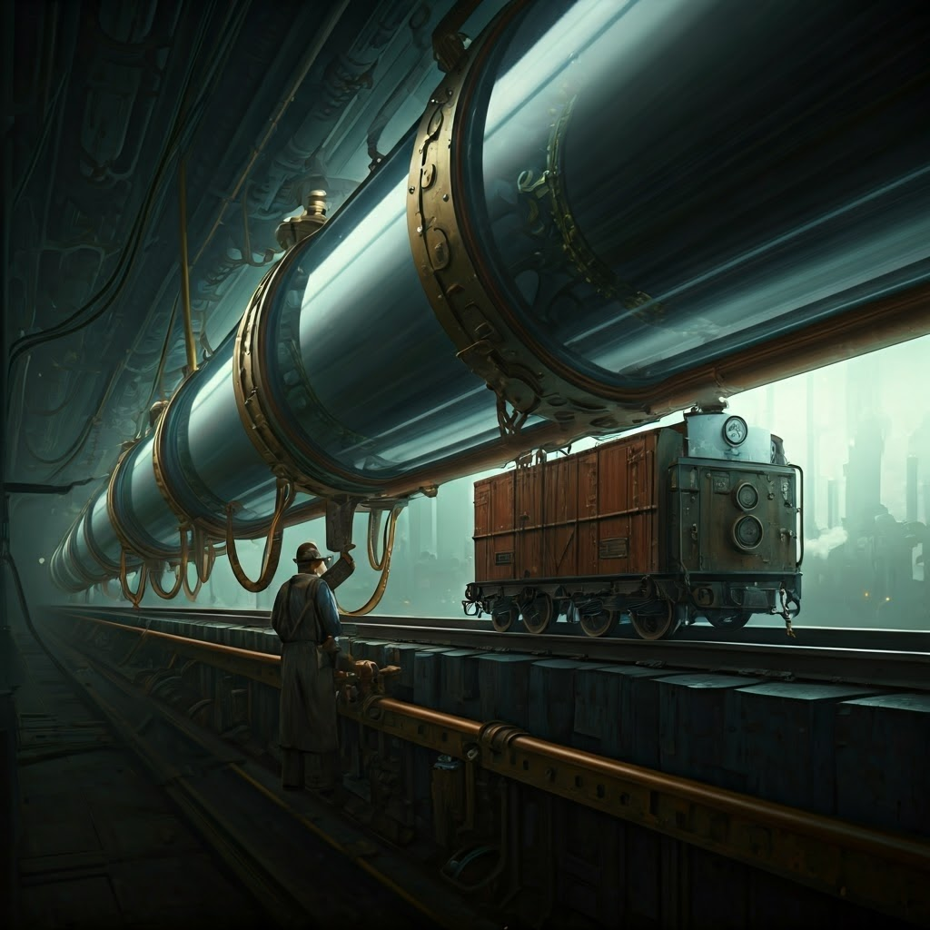 Cross-section of a vacuum tube train with 19th-century engineers inspecting its inner workings, showing early challenges of tube travel.