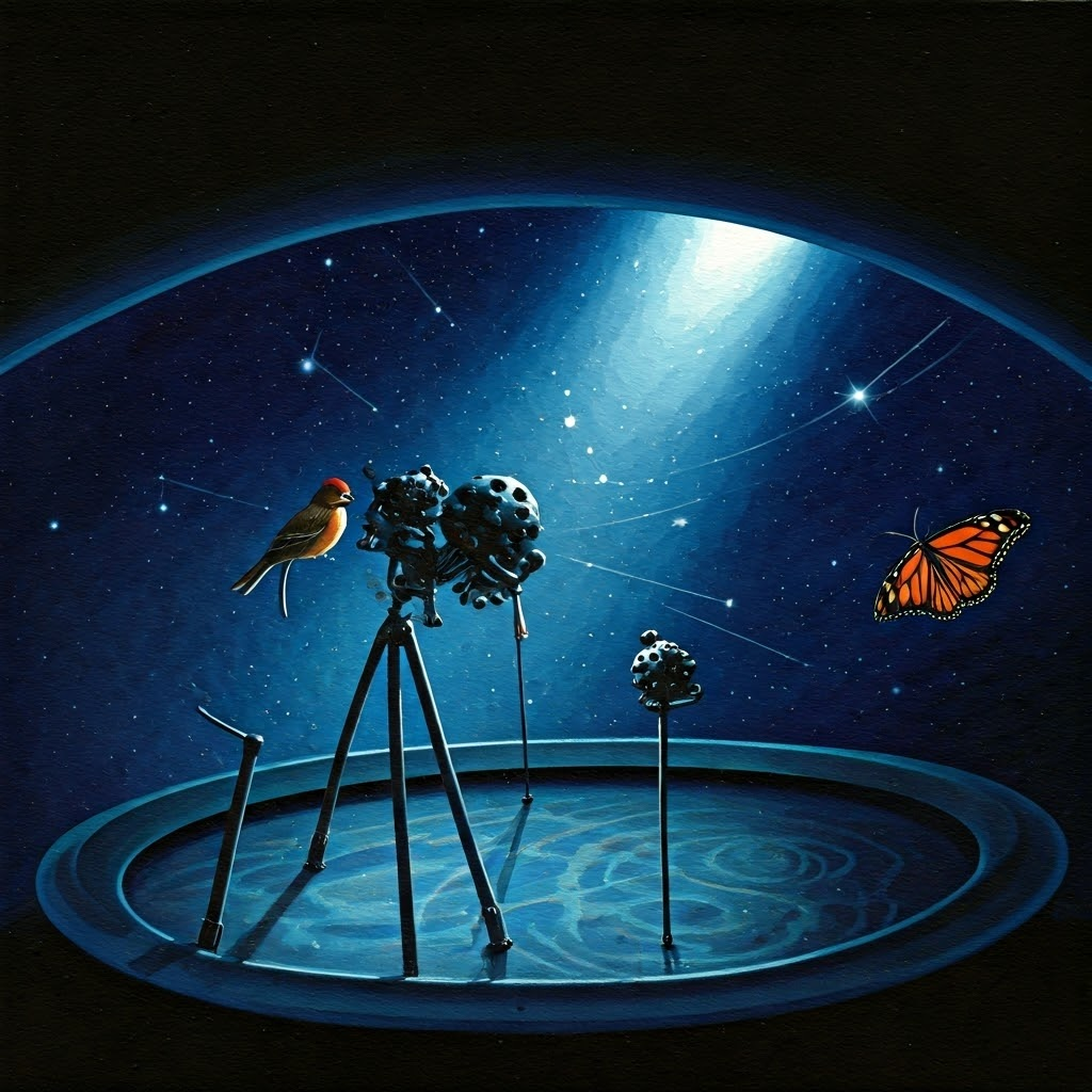 Illustration of songbirds inside a planetarium, adjusting flight toward bright constellations while a monarch hovers beneath projected stars