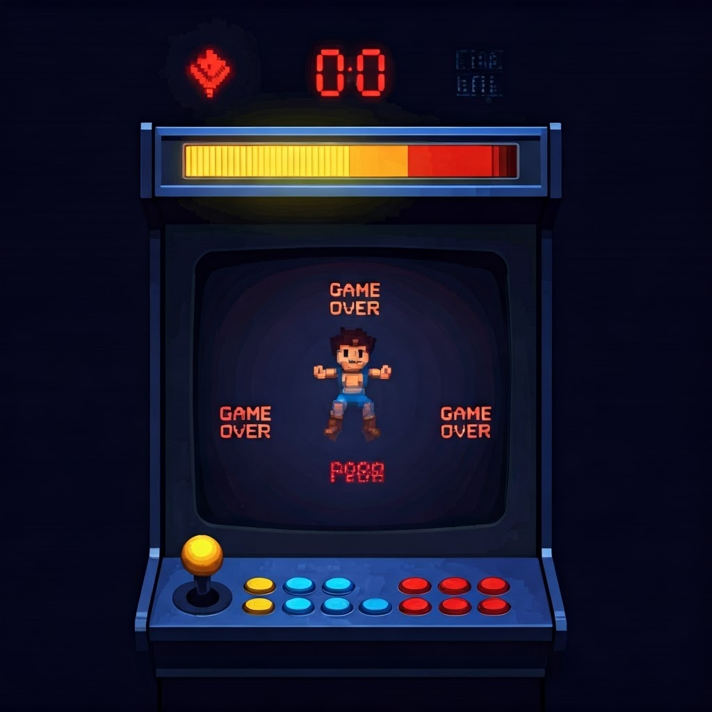 Retro arcade screen flashing point gains and Game Over signs, with a reward meter filling