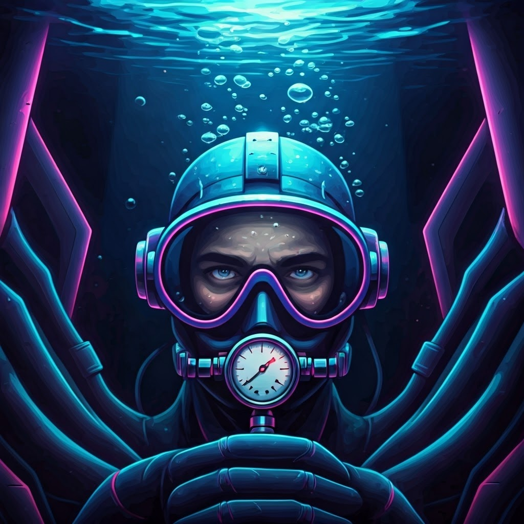 Diver at pool bottom with pressure gauge, representing fluid pressure all directions.