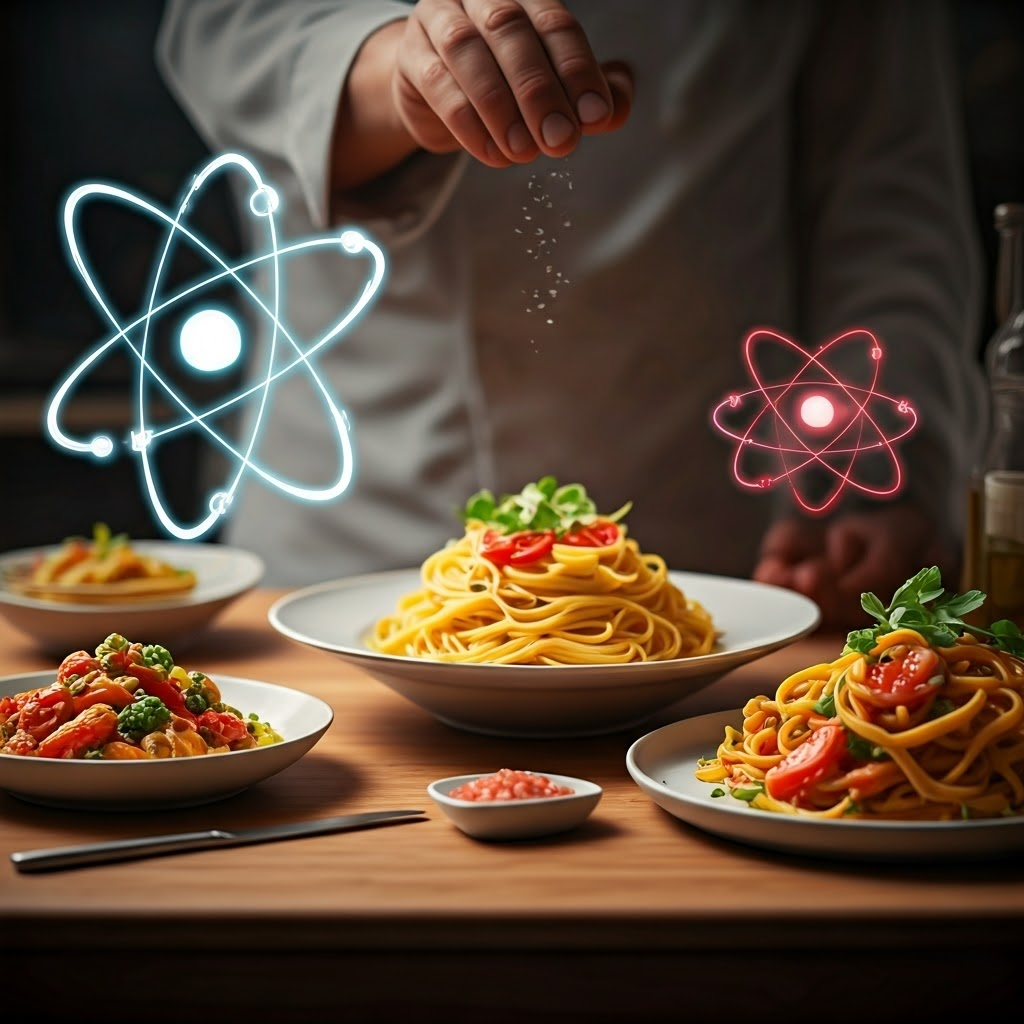 Close-up of oversized glowing atoms—carbon, hydrogen, oxygen, nitrogen—floating above colorful dishes on a kitchen table, linking everyday meals to their molecular roots.