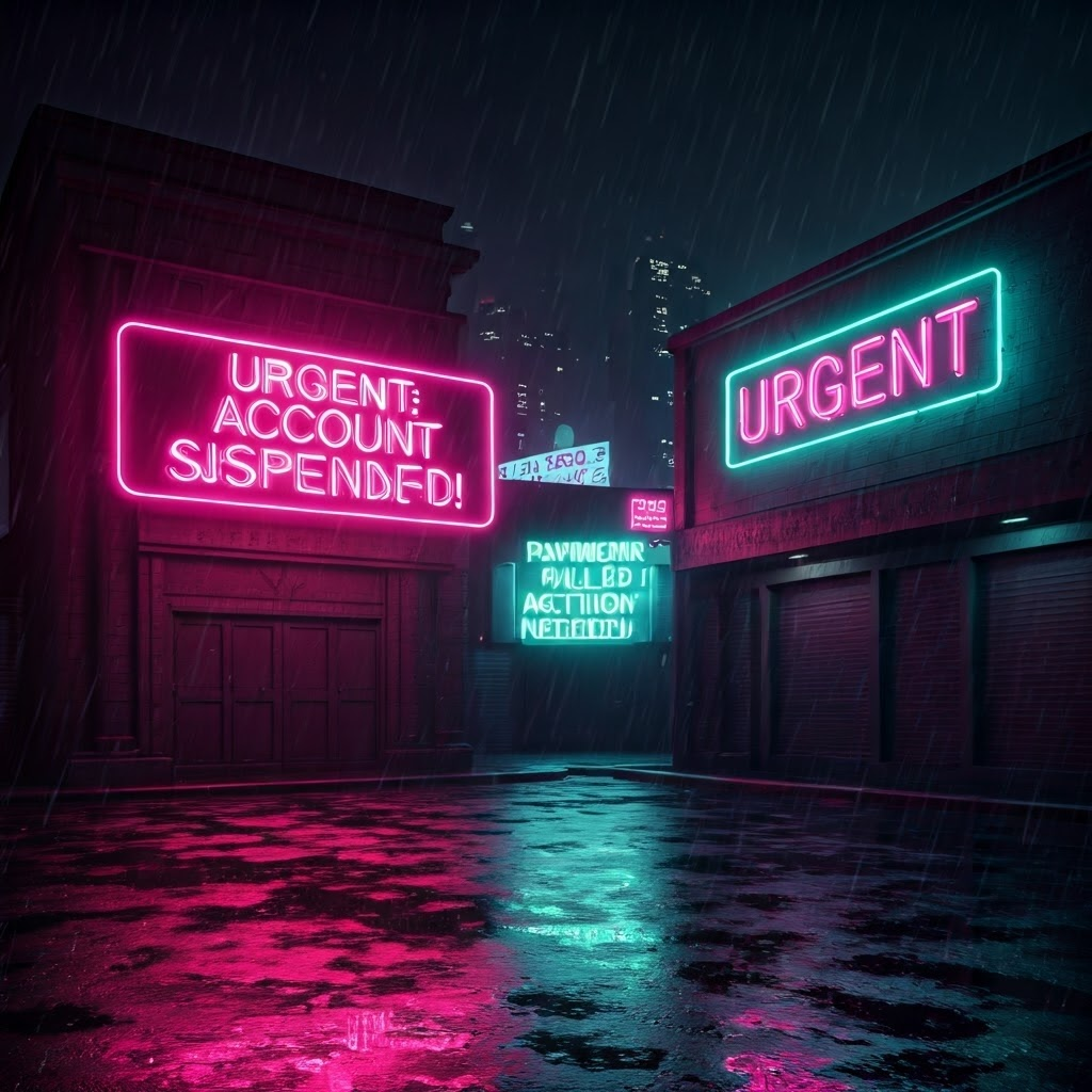 Neon city signs flash phrases like 'URGENT: Account suspended!' to show how frightening subject lines force quick clicks.