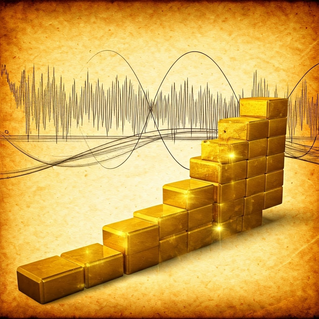 Golden cubes of light forming a staircase beside a charcoal wave sketch, depicting energy steps