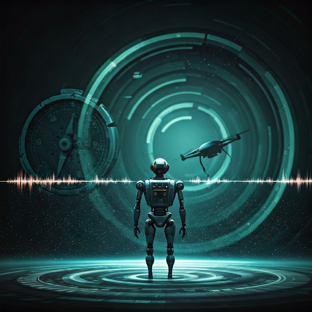 Robot surrounded by drifting radio-wave curves and scattered noise points, highlighting measurement errors.