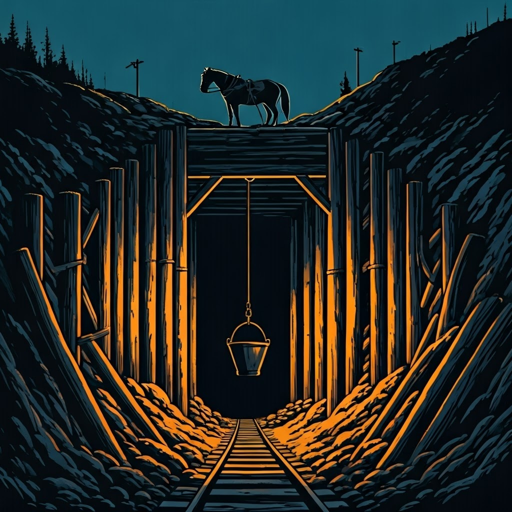 Coal mine entrance with a horse whim hauling water, emphasizing early drainage struggles