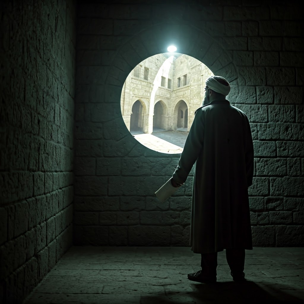 Moody depiction of Ibn al-Haytham observing light through a pinhole, highlighting his breakthrough in optics