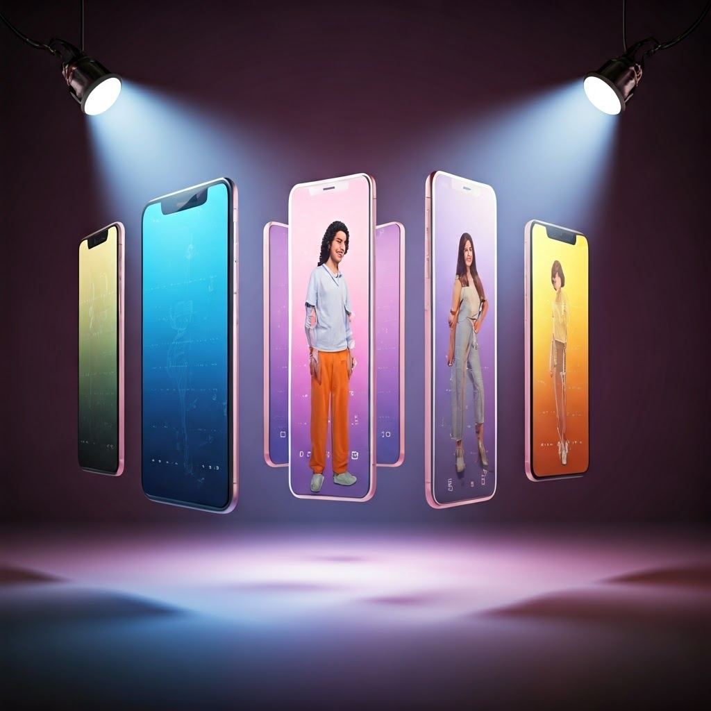 A bright digital studio shot featuring influencers of different backgrounds posing in a symmetrical grid of floating smartphone frames. Each frame highlights a distinct color palette and filter effect, while soft spotlights cast gentle shadows. Style: high-end editorial product photography mixed with virtual set design, clean minimalism, vibrant colors, and subtle reflections that illustrate platform-driven aesthetics.