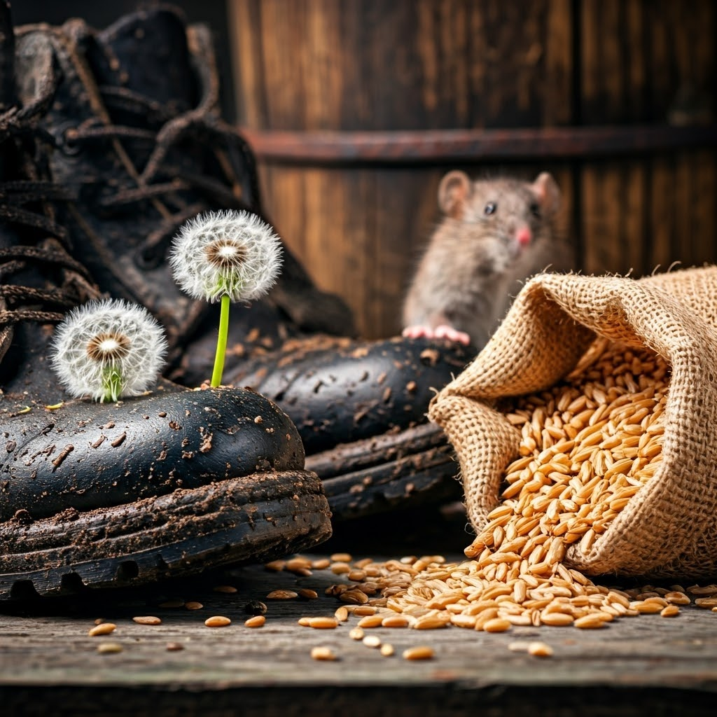 Macro view of weed seeds on muddy boots beside spilled wheat and lurking rodents