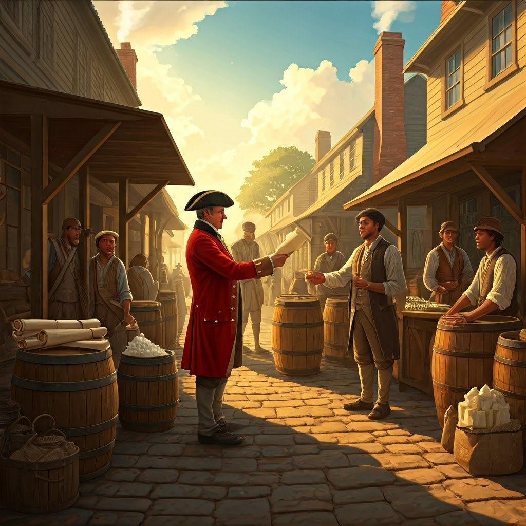 Colonial marketplace at dawn where a British officer presents new tax orders to an anxious shopkeeper, capturing early resentment toward imperial policies.