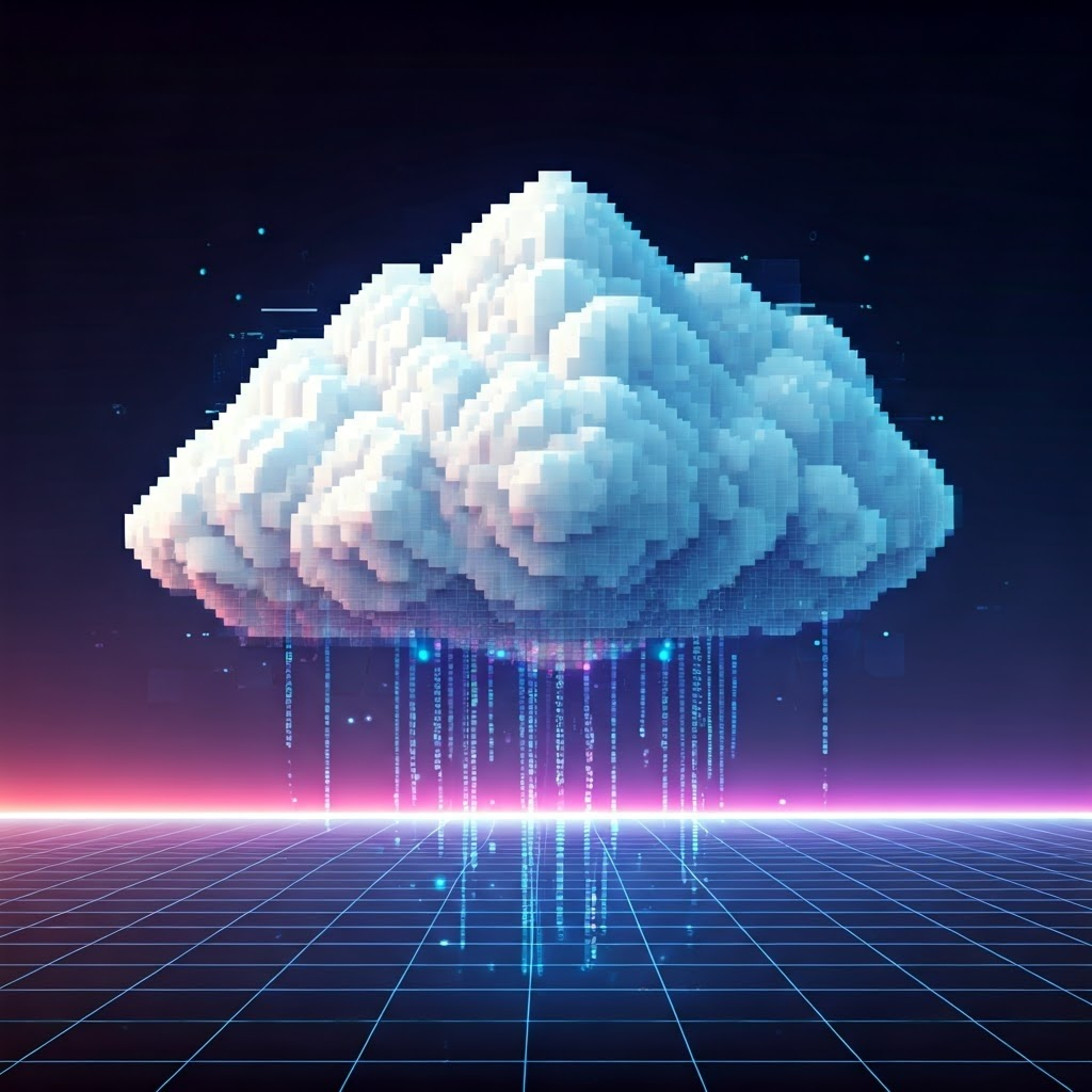 Retro-futurism scene of pixelated data clouds hovering over a city grid, illustrating parameterization layers.