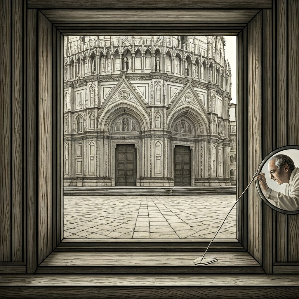 Detailed pencil sketch of Florence’s Baptistery framed by a window, a grid overlays the stones while a focused experimenter measures lines with string