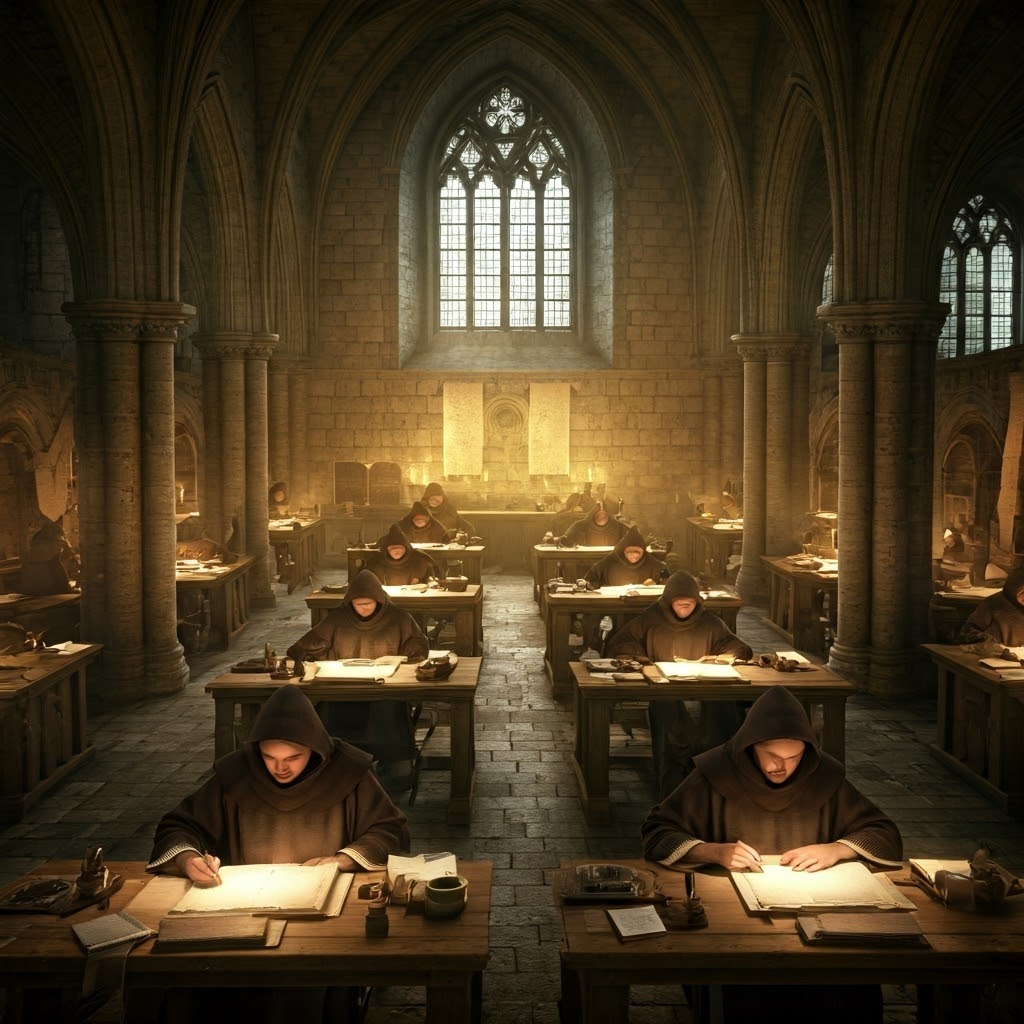 A candlelit scriptorium with monks copying manuscripts captures medieval book production and learning.