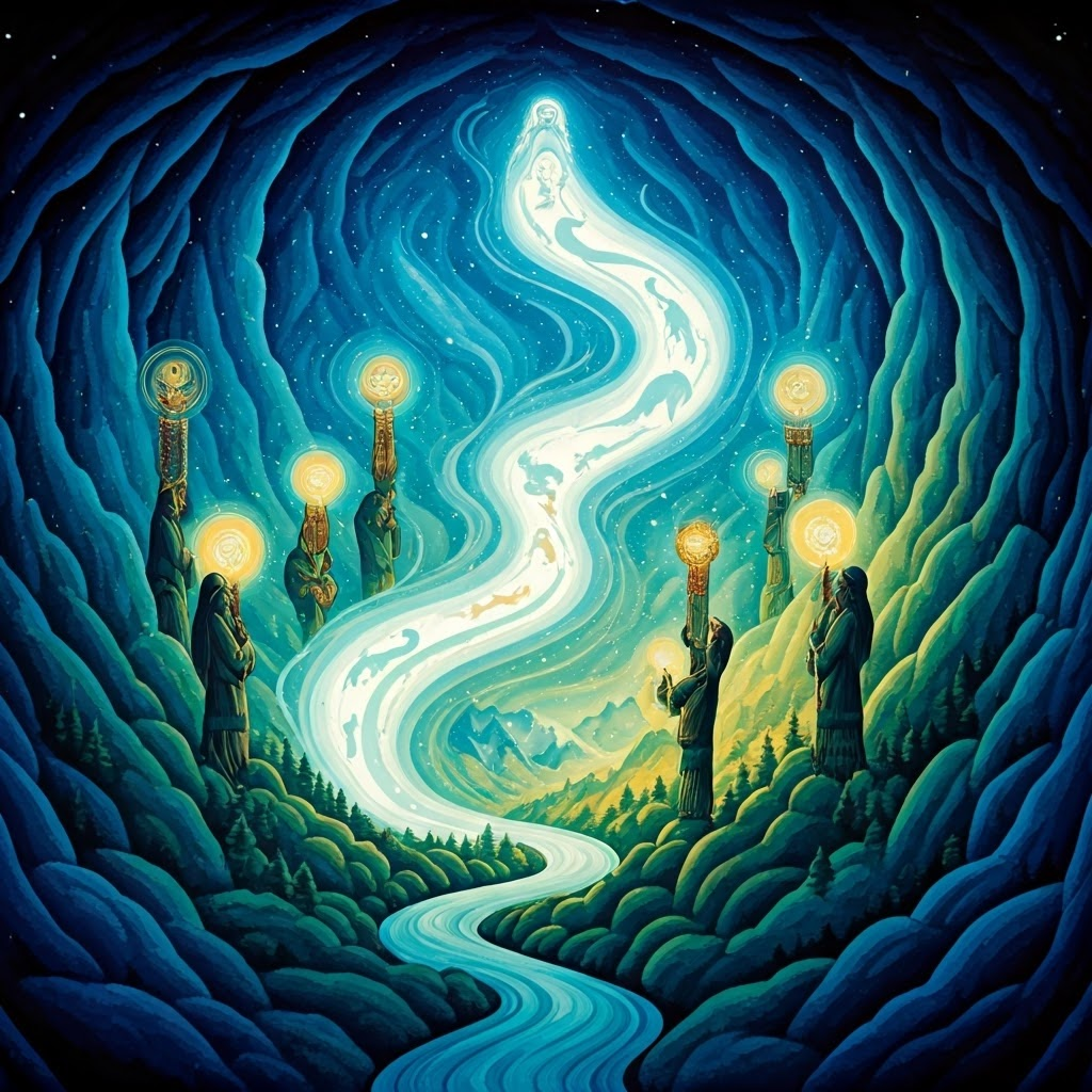 Storytellers under a starry sky hold glowing totems while spirit-ancestors shape the land around them