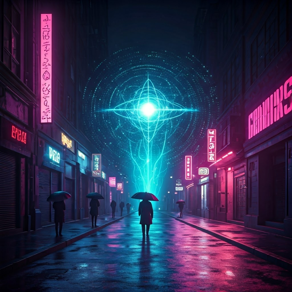 A neon cyberpunk street glows with holographic electrons, wavefunctions, and branching universes above pedestrians in reflective coats