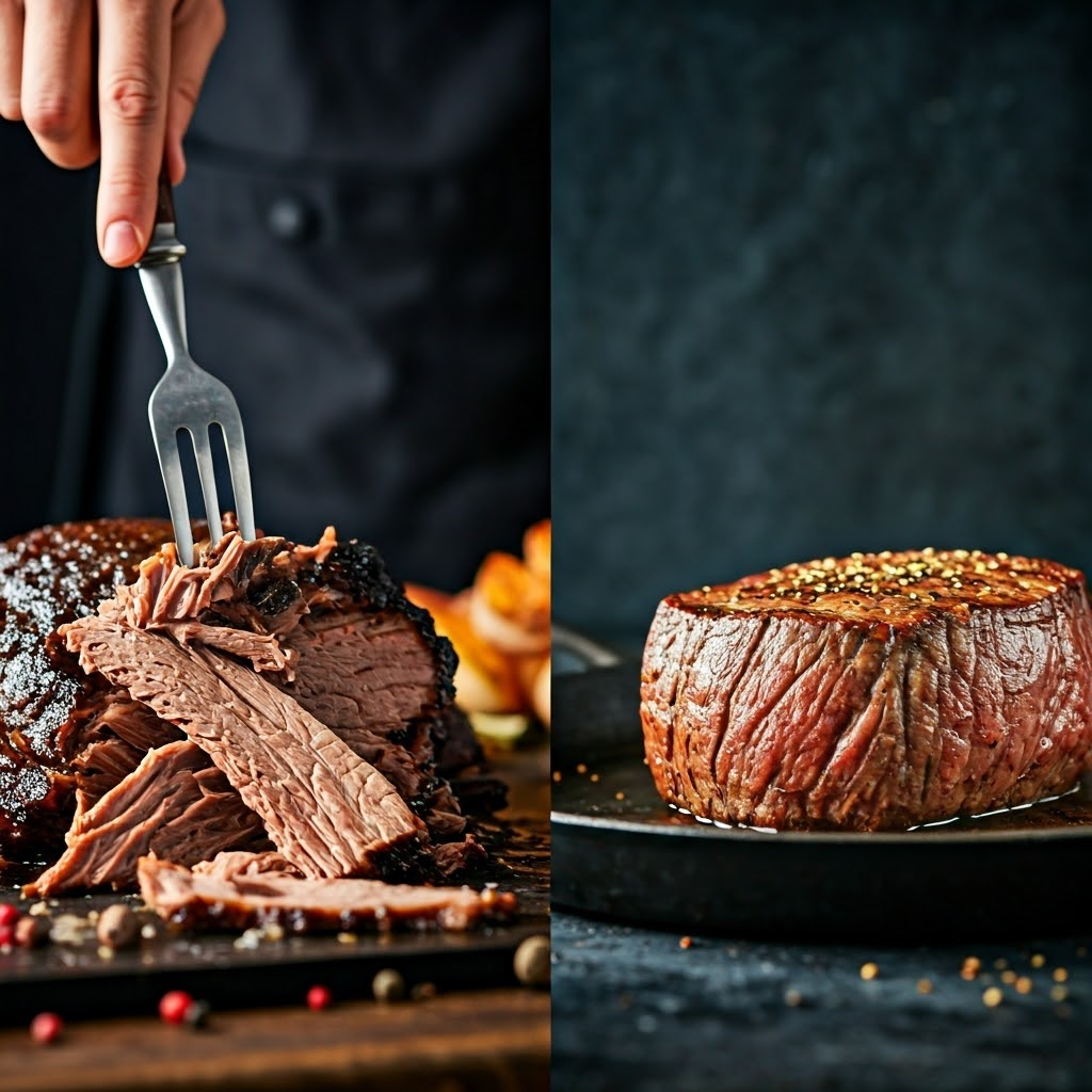 Split-screen of fork-tender brisket versus sizzling tenderloin