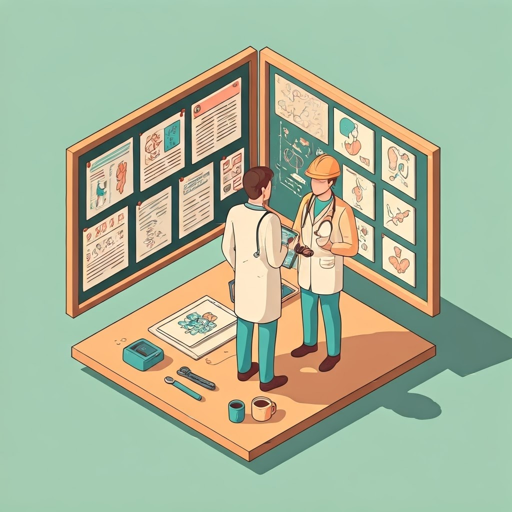 Pastel workshop where a doctor and engineer refine AI tools on a chalkboard.