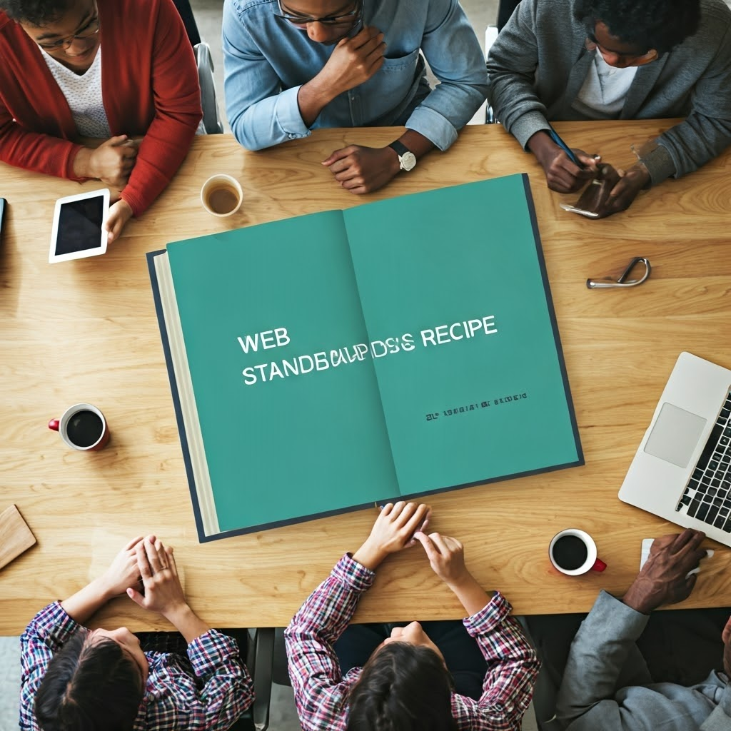 Team reviews an open cookbook titled Web Standards Recipe, illustrating W3C collaboration.