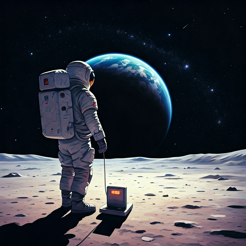 Astronaut on the Moon checking a low scale reading against Earthrise