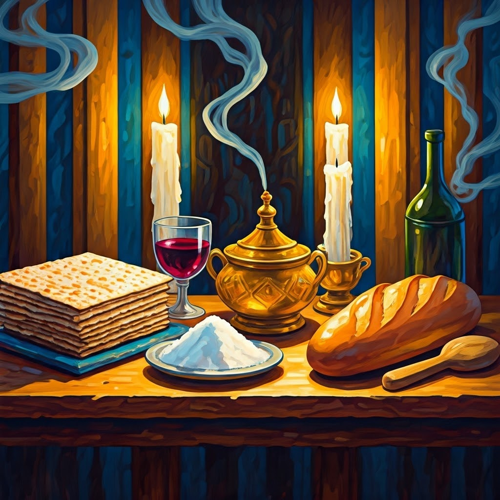 A rich table of ritual foods—matzah Karah Parshad bread and wine—captured in bold strokes that almost let you smell the scene.