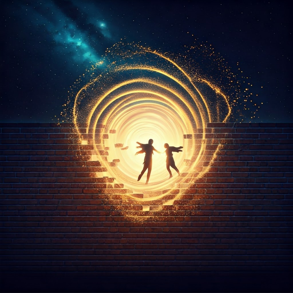 Ancient brick wall dissolves into golden light as two figures reach through the opening.