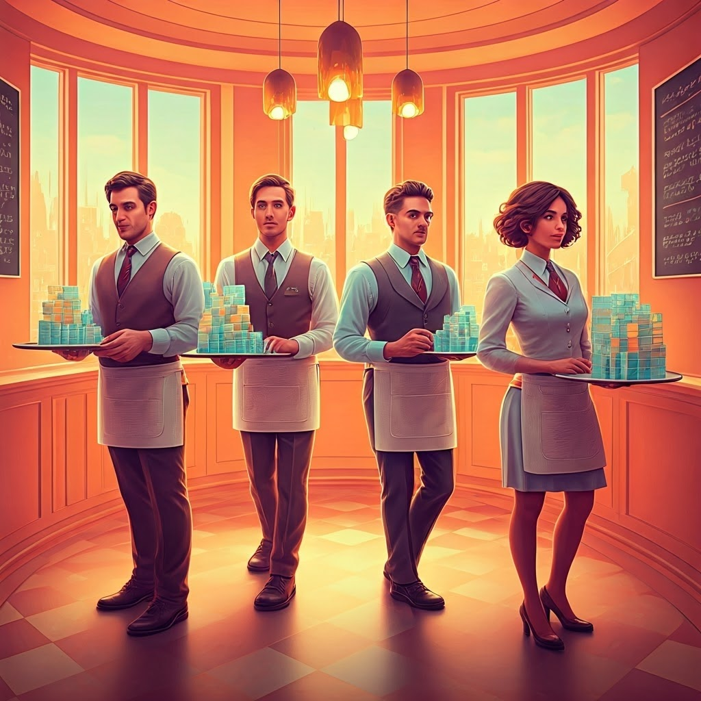Whimsical café scene with four distinct server characters, each showing a unique data-serving style