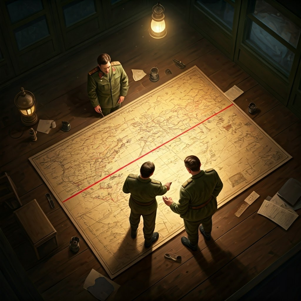 An aerial scene showing an American officer in olive drab and a Soviet officer in green standing over a large vintage map of Korea spread on a wooden war room table under dim, warm overhead lantern light. They draw a bold red line exactly at the 38th parallel, tension on their faces as various national documents lie scattered around, style: cinematic digital oil painting with dramatic shadows.