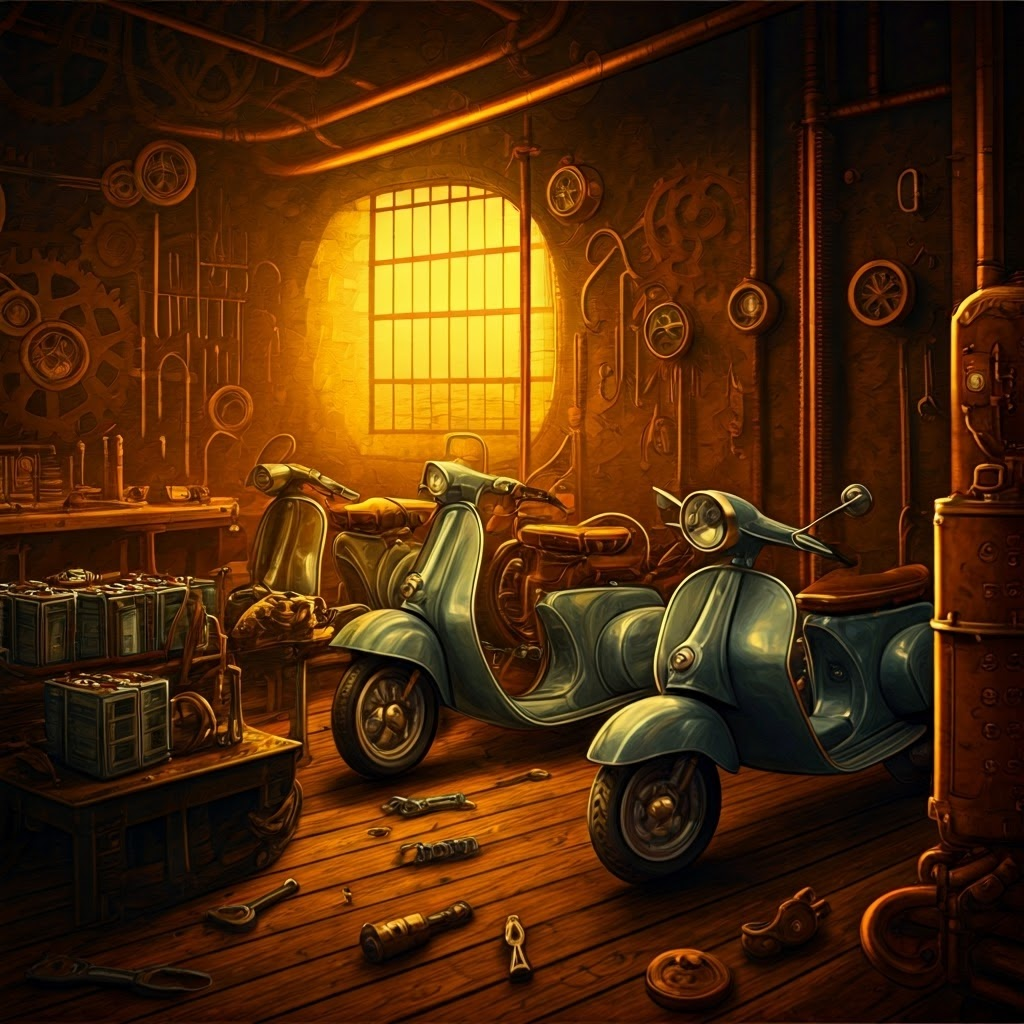 Steampunk-style workshop where a technician swaps glowing battery packs on parked scooters.