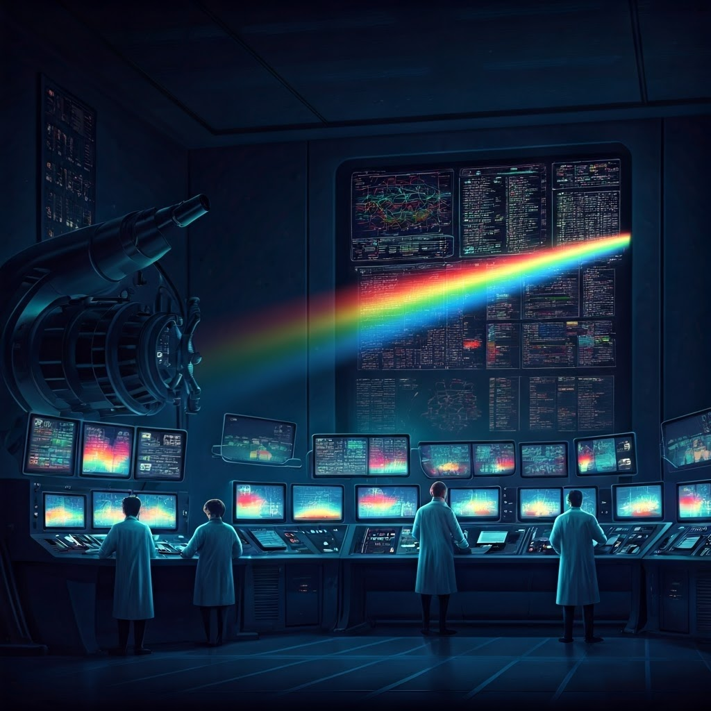 Scientists in a futuristic control room study bright spectral bands on large screens, representing the analysis of cosmic light