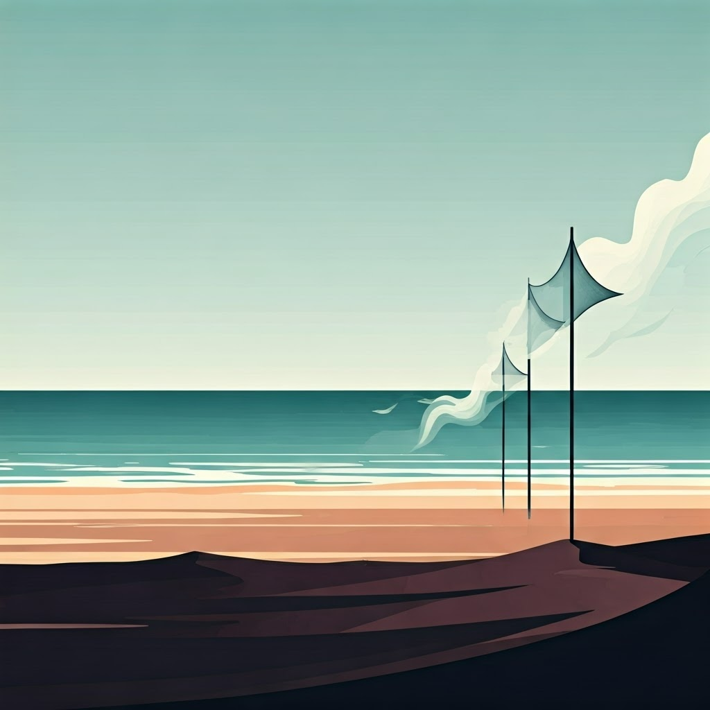 Minimalist vector art shows the Atacama shore with fog-collecting nets against barren sand.