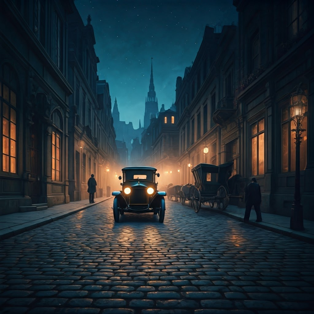 Quiet night street where a lone electric car slips past horse carts beneath glowing lanterns