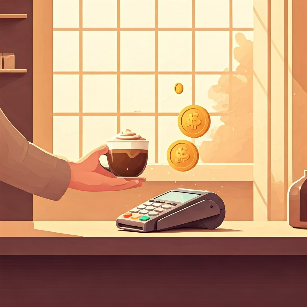 A barista hands a latte while a customer taps a phone on a terminal, golden tokens floating above.