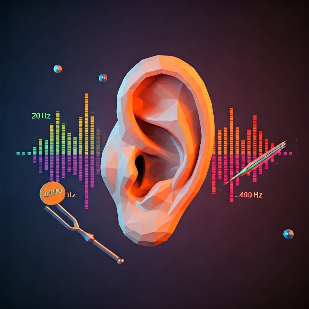 Large ear facing geometric waves labeled 20 Hz and 20 000 Hz, with a tuning fork marked 440 Hz.
