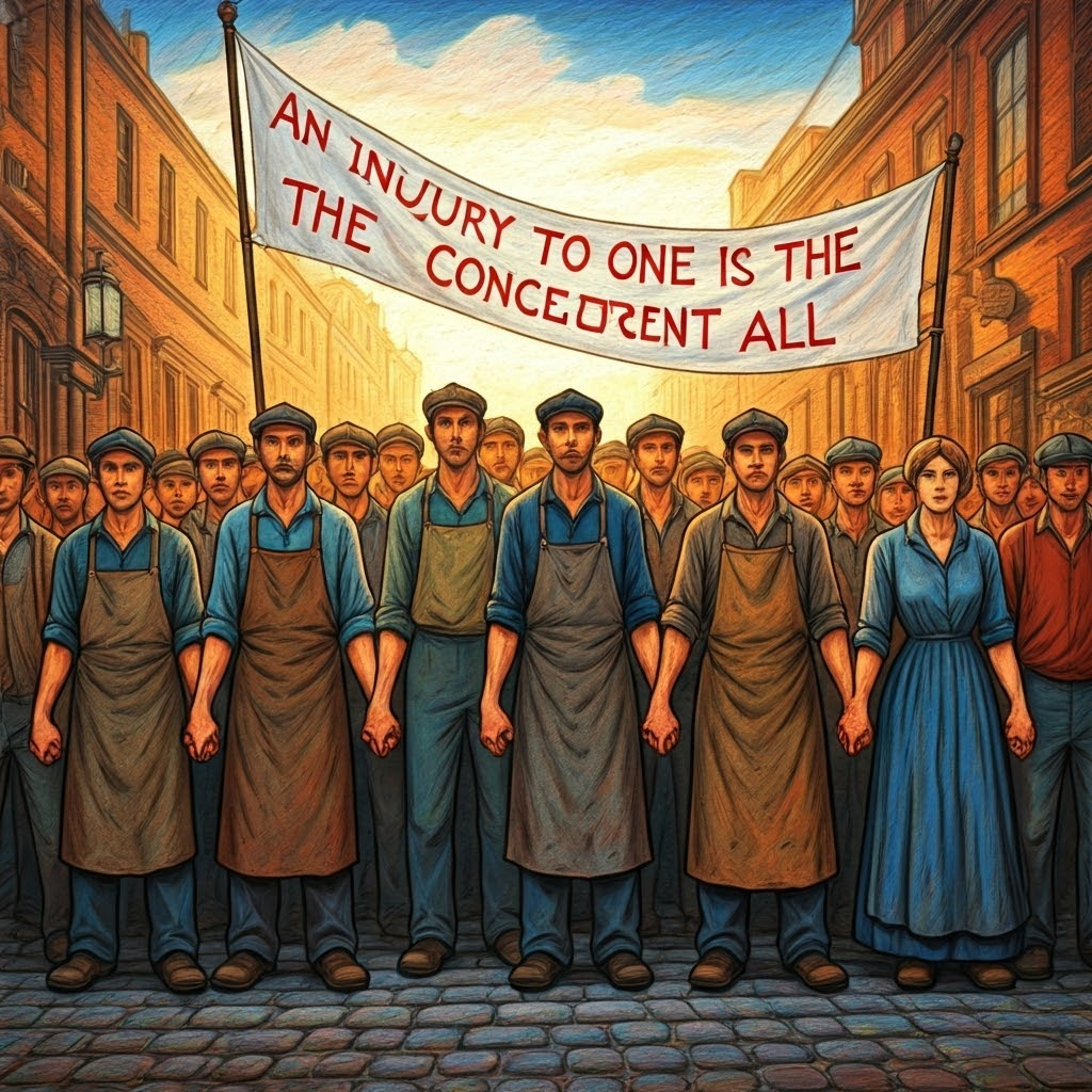 Workers gather under a banner reading "An injury to one is the concern of all," hands linked in late-day light.