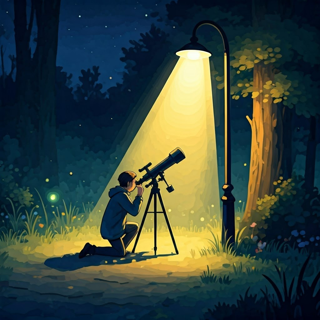 Storybook scene illustrating difficulty of spotting faint planets beside bright stars.