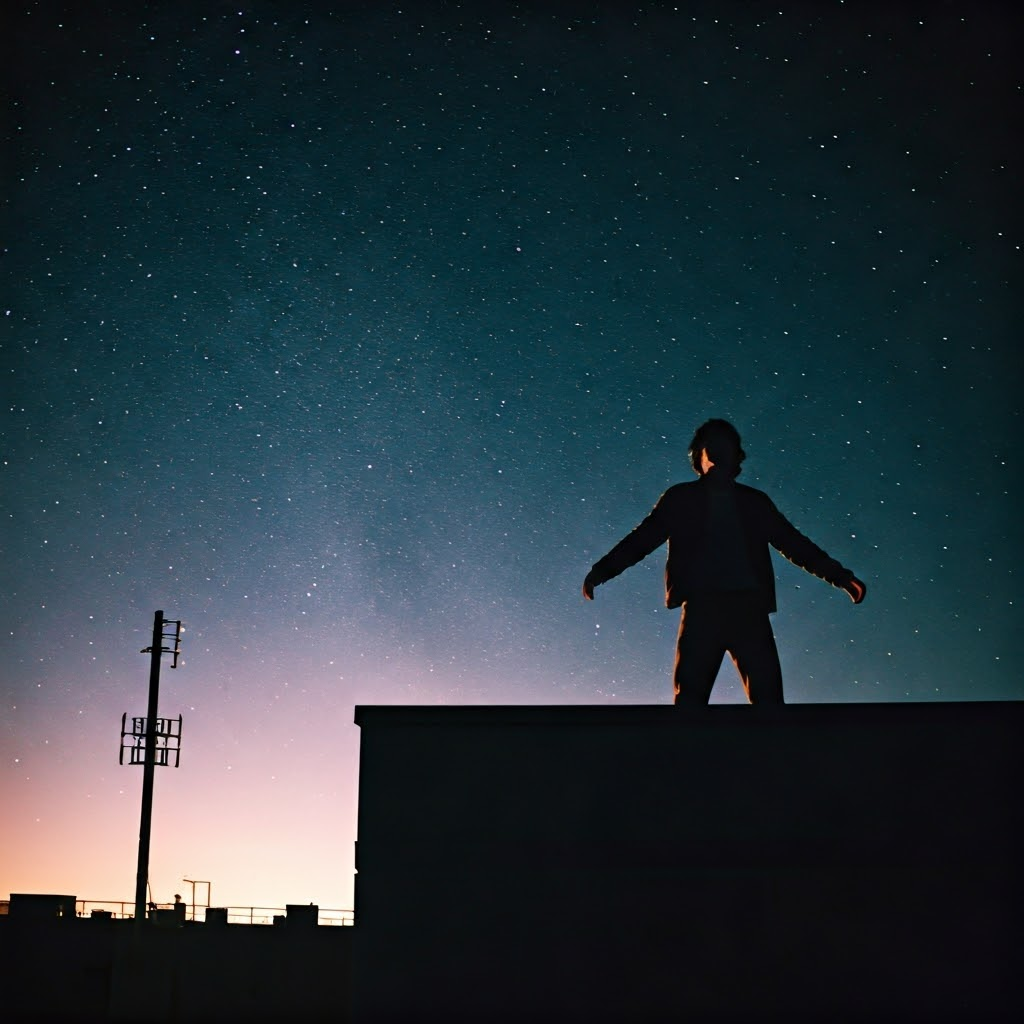 A lone figure stands on a rooftop beneath a star-filled sky, arms open in quiet awe, streetlamp glow below.