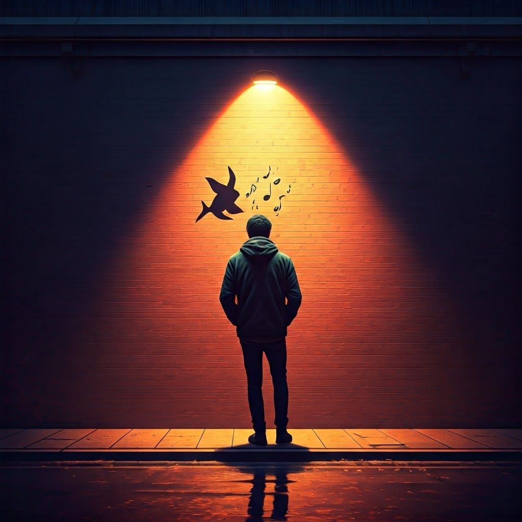 Illustration of a person pausing under neon light, shadow morphing into a flying fish while musical notes orbit their head.