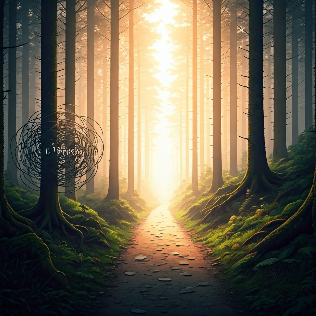 Two diverging paths in a brain forest labeled failure and learning, symbolizing mindset shift.