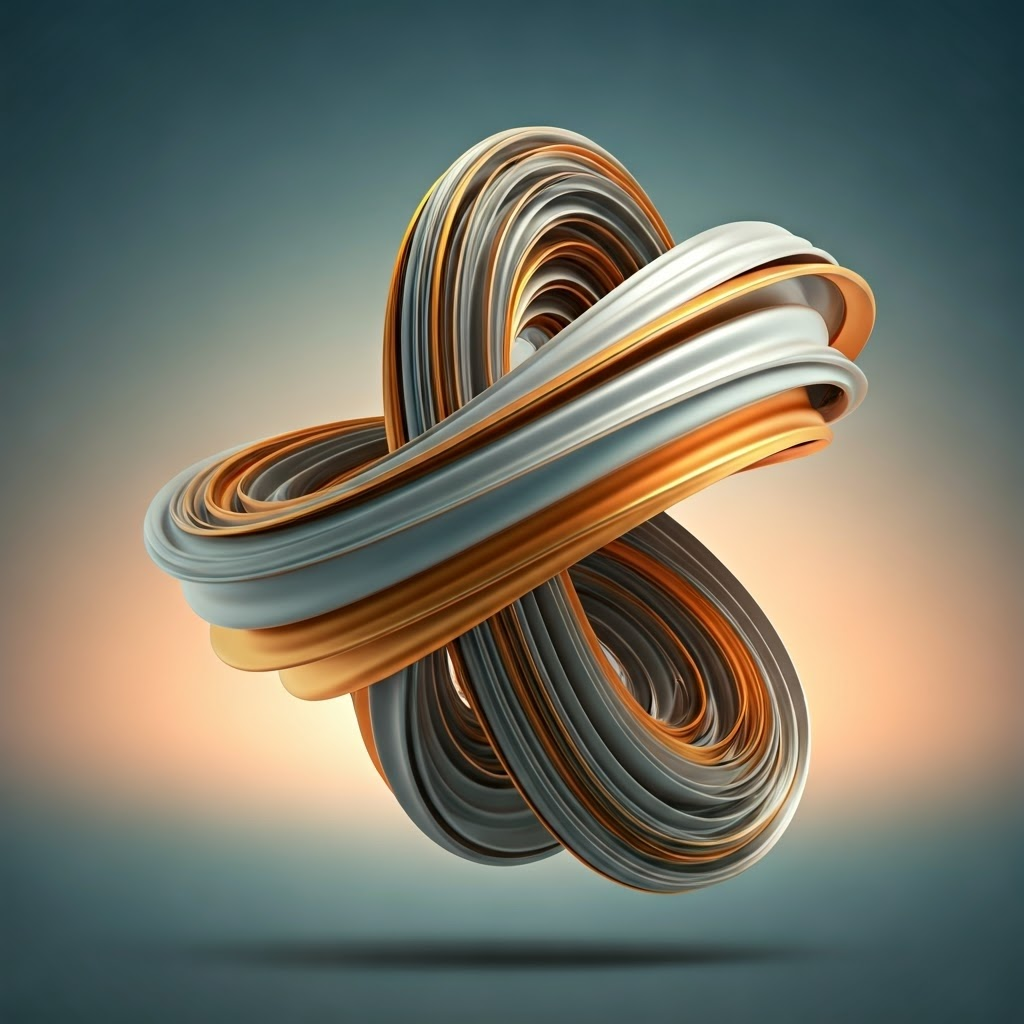 Sleek metallic ribbons twist in mid-air, symbolizing practiced motor routines becoming automatic