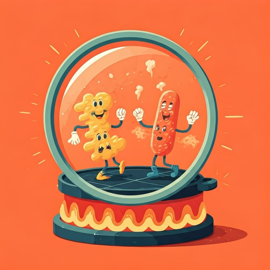 Playful molecular characters—amino acid and sugar—dancing on a hot griddle under a magnifying glass