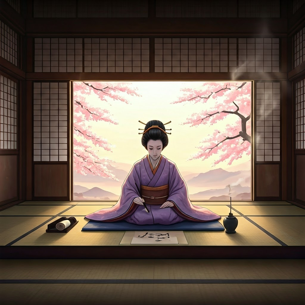 Heian court chamber where a noblewoman writes on a scroll beside blooming cherry trees.