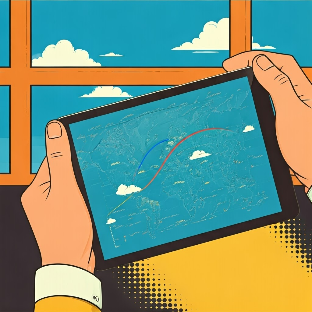 Retro comic-style scene: a person holds a tablet showing a colorful weather map with fronts and pressure symbols