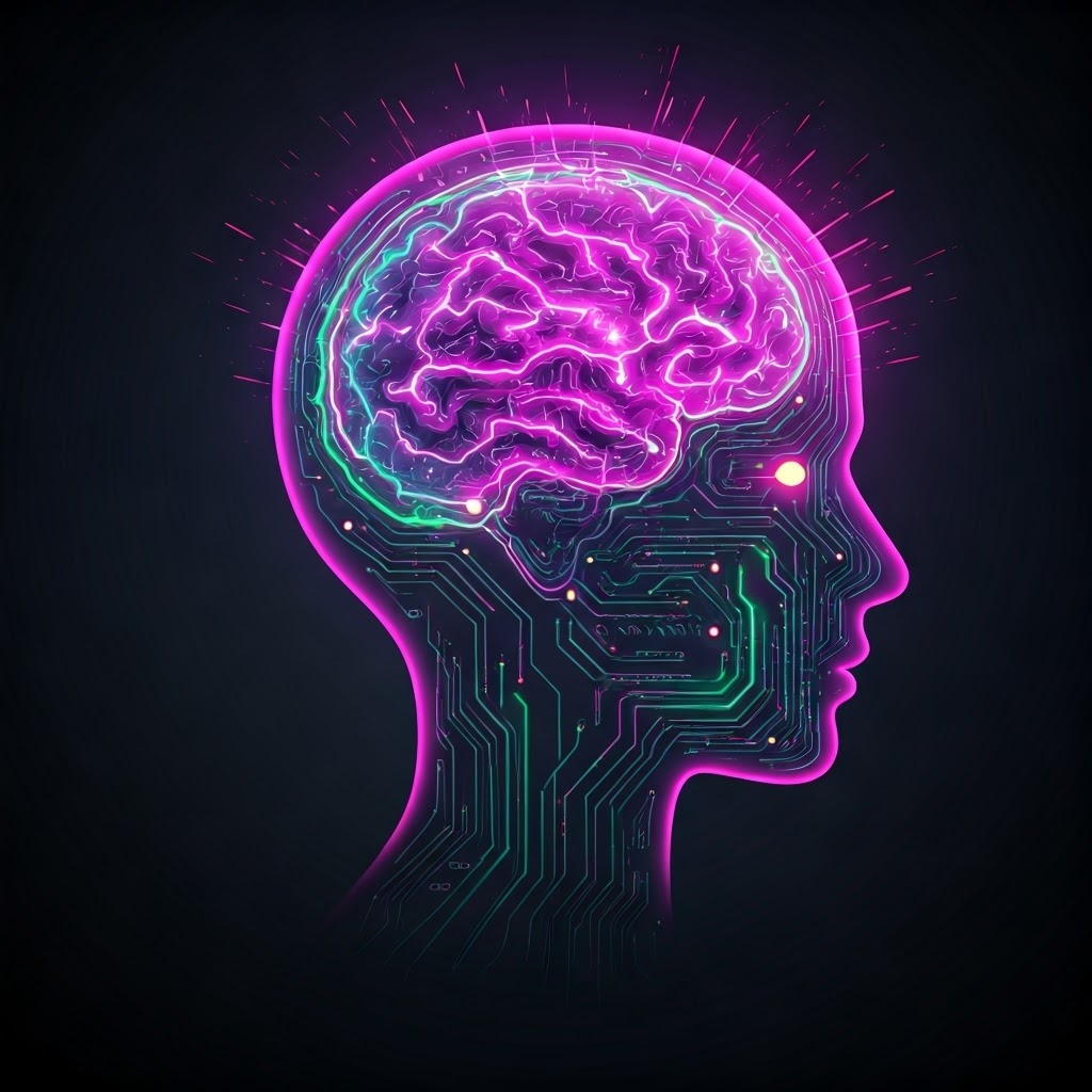 Neon illustration of a human head with electric circuits lighting up, highlighting the amygdala as the source of energetic sparks