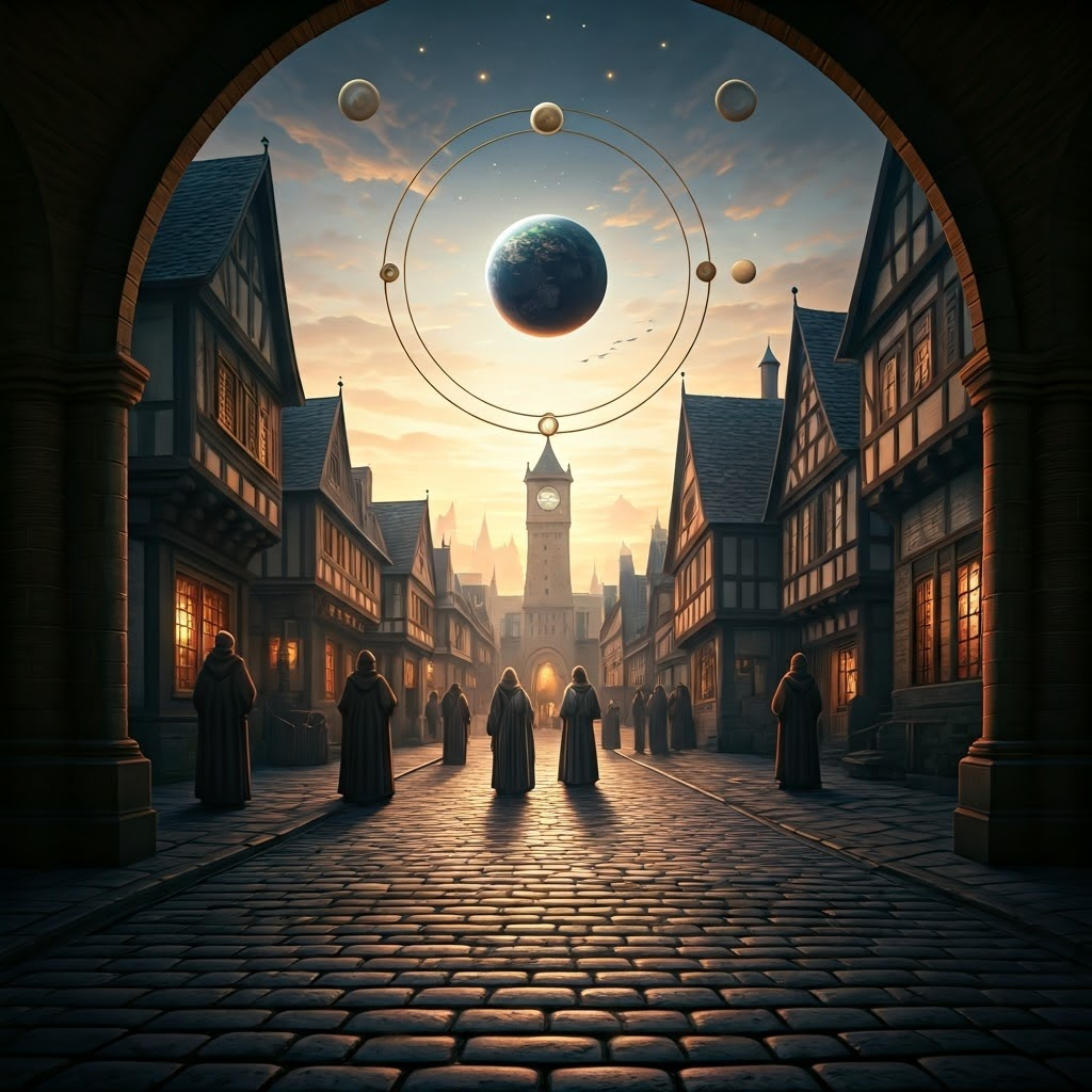 Medieval villagers gaze at a motionless Earth orb while golden sun, moon, and star rings circle above, reflecting the old geocentric worldview
